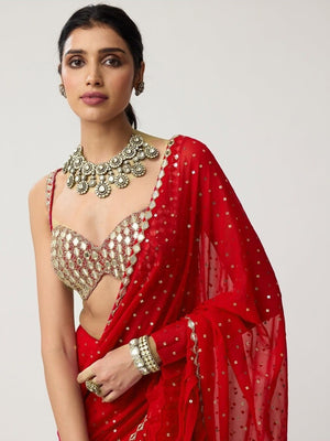 Red Georgette Bollywood Saree with Mirror Work and Ruffled Details - Image 2