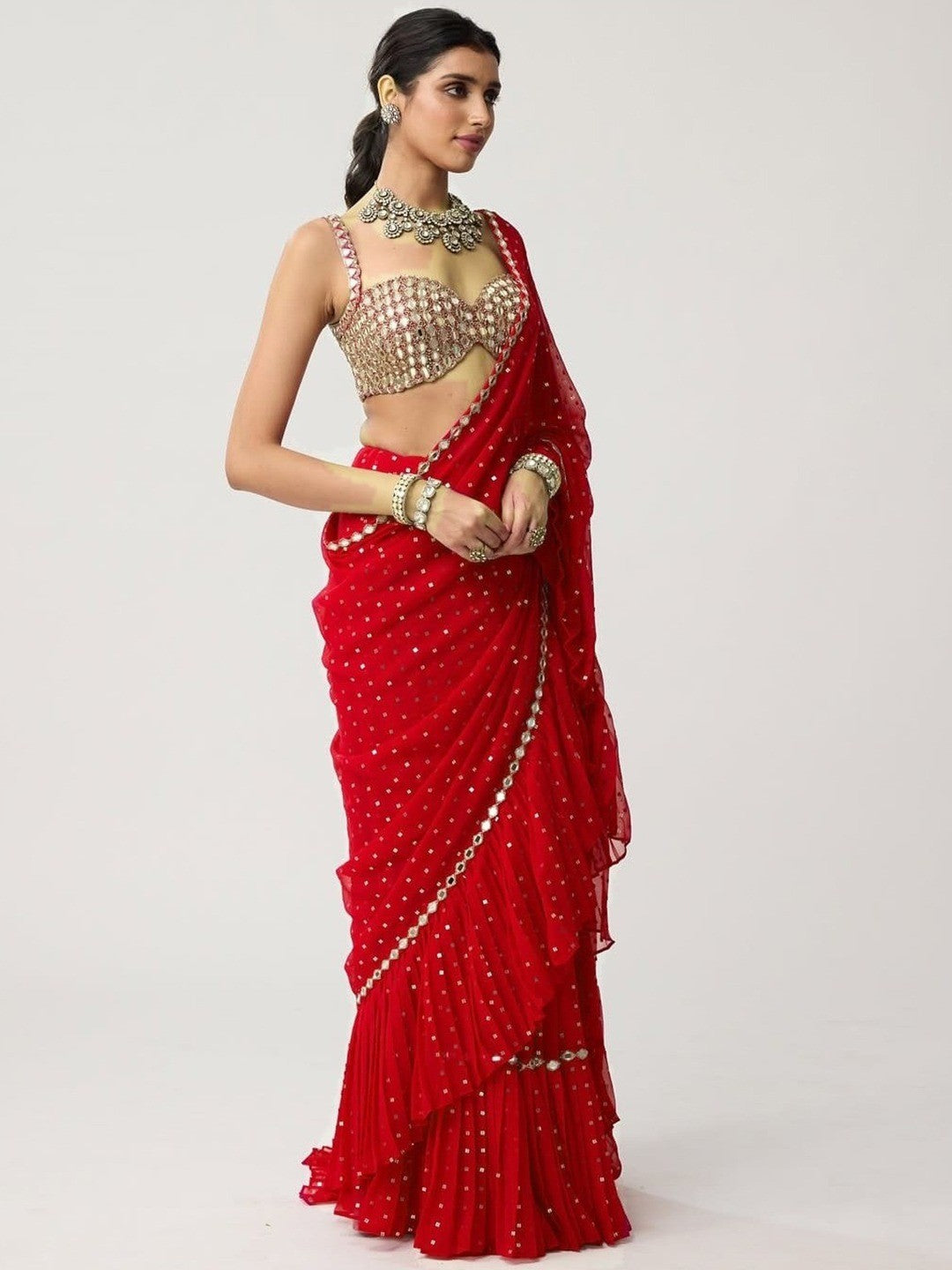 Red Georgette Bollywood Saree with Mirror Work and Ruffled Details - Image 3