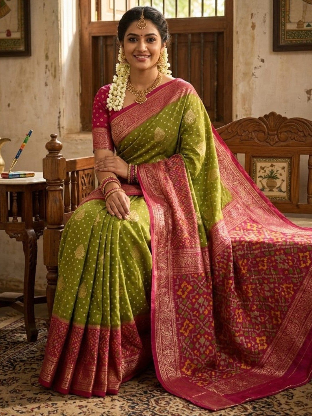 Elegant Green Bandhani Print Georgette Saree with Rich Border - Image 3
