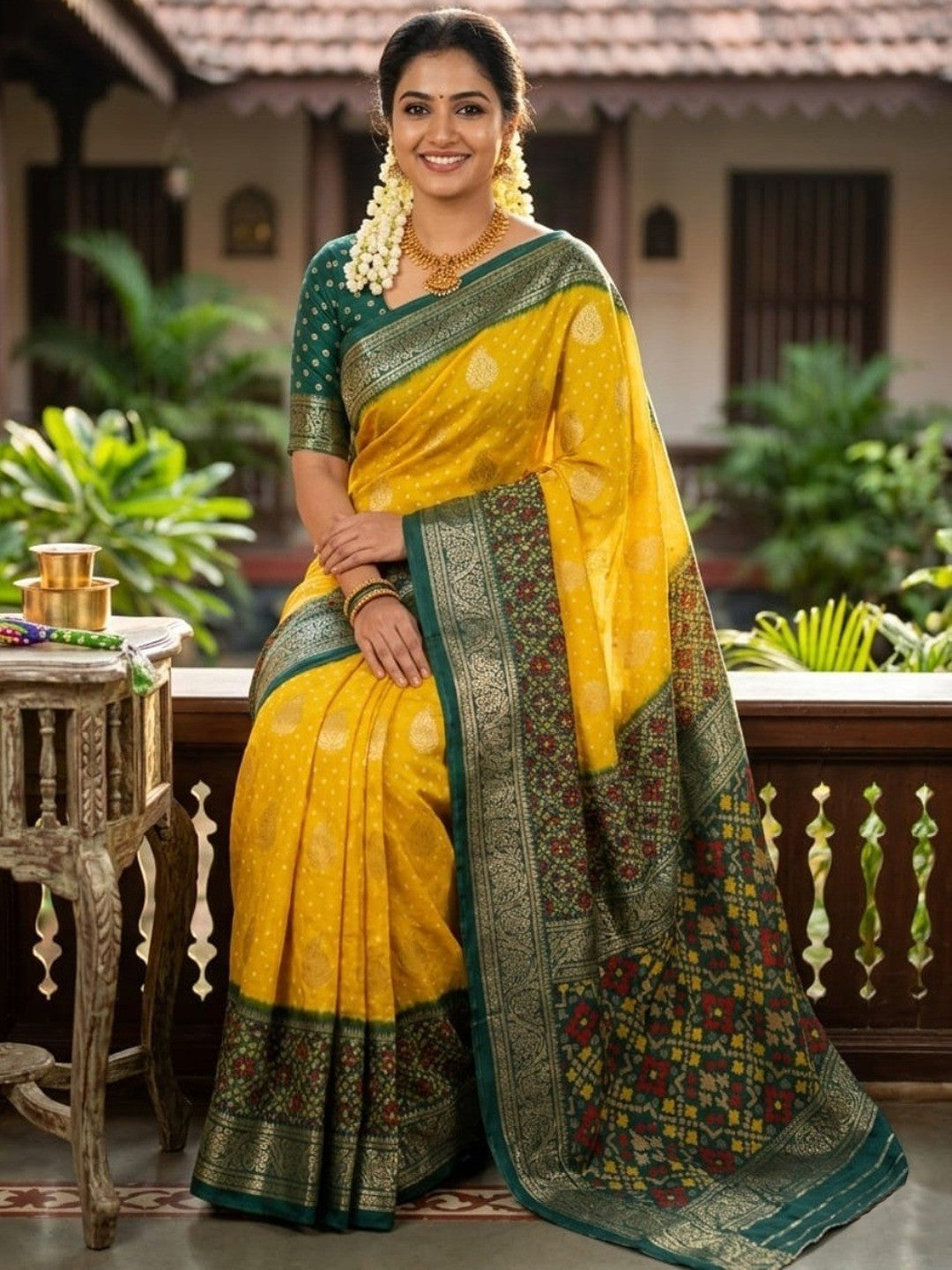 Exclusive Yellow Georgette Bandhani Print Saree with Zari Work - Image 1