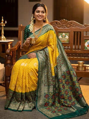Exclusive Yellow Georgette Bandhani Print Saree with Zari Work - Image 2