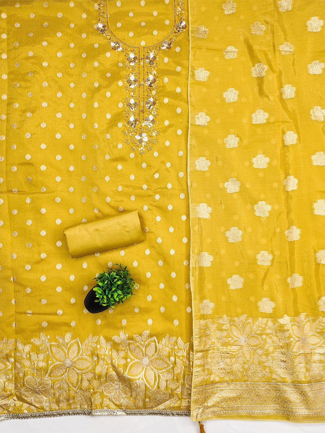 Elegant Yellow Jacquard Dress Material with Intricate Sequins Work - Image 2