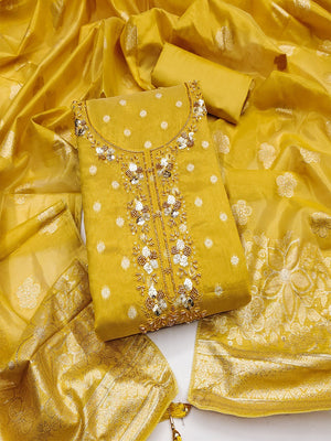 Elegant Yellow Jacquard Dress Material with Intricate Sequins Work - Image 1