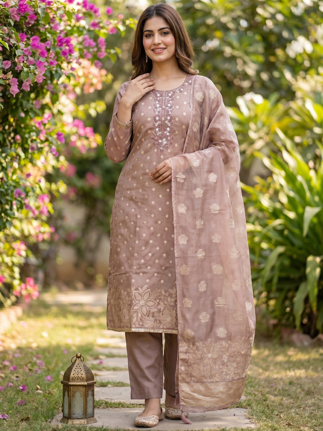 Elegant Rose Gold Jacquard Dress Material with Intricate Sequins Work - Image 1