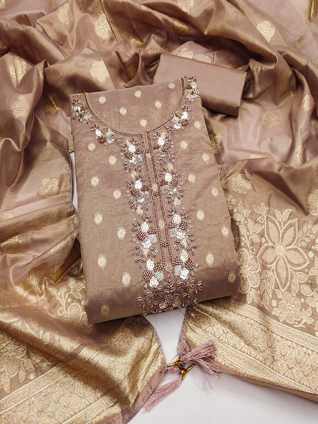 Elegant Rose Gold Jacquard Dress Material with Intricate Sequins Work - Image 2