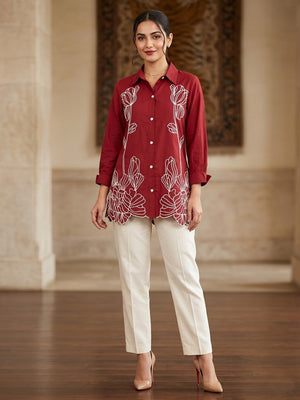 Designer Maroon Cotton A Line Top Bottom Set with Intricate Embroidery - Image 1