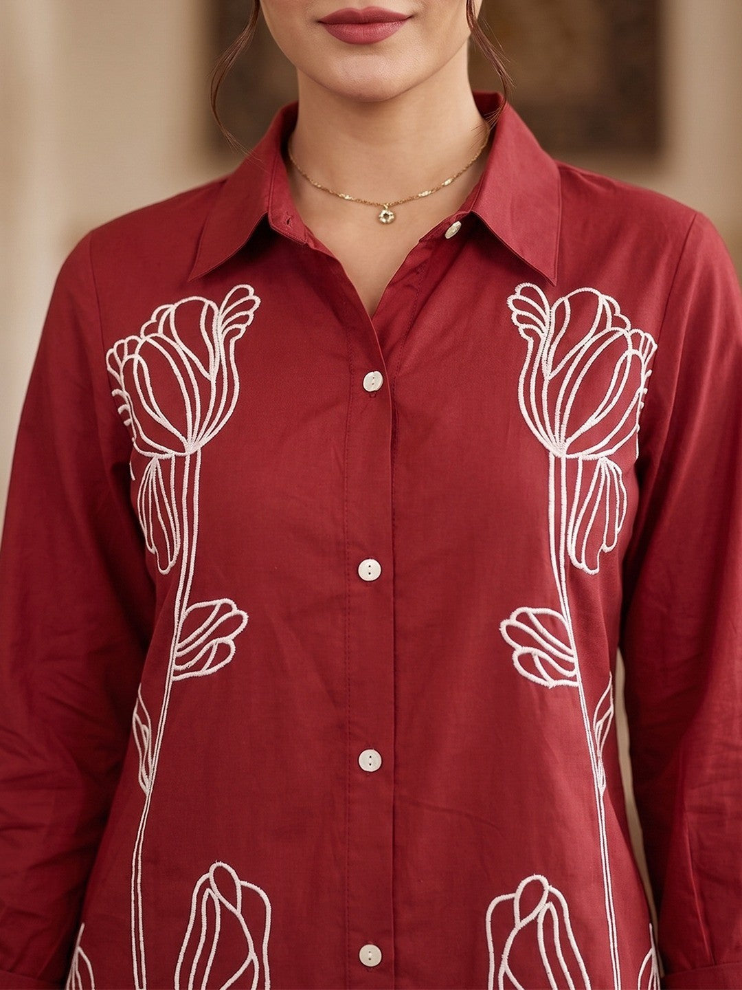 Designer Maroon Cotton A Line Top Bottom Set with Intricate Embroidery - Image 5
