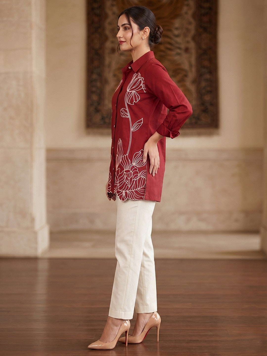 Designer Maroon Cotton A Line Top Bottom Set with Intricate Embroidery - Image 3