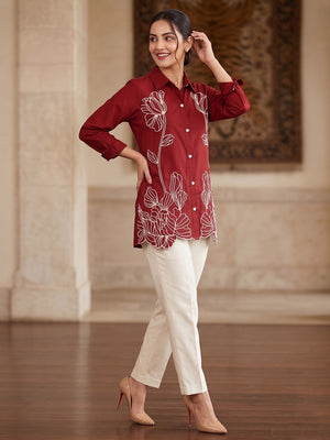 Designer Maroon Cotton A Line Top Bottom Set with Intricate Embroidery - Image 2