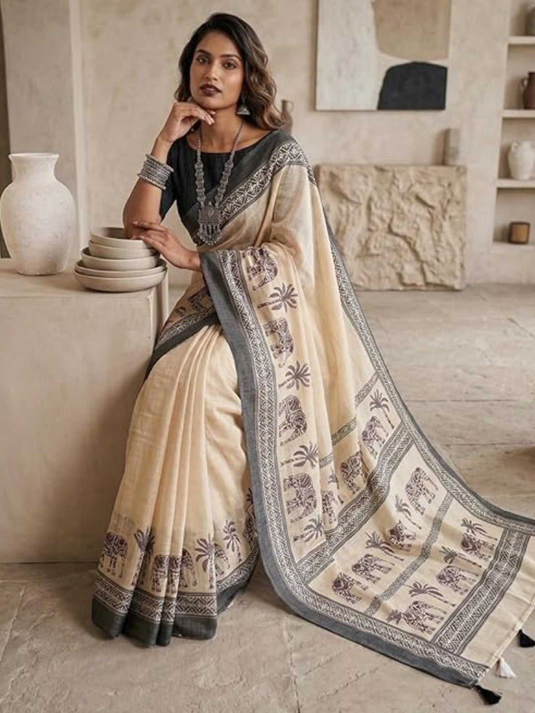 Cream Linen Saree with Animal Print and Contrast Border - Image 4