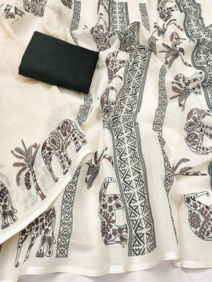 Cream Linen Saree with Animal Print and Contrast Border - Image 2