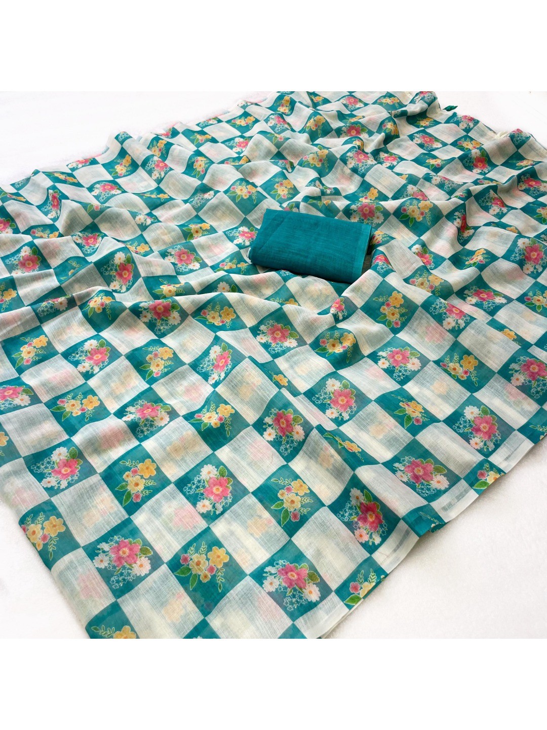Turquoise Checked Linen Saree with Floral Prints - Image 3