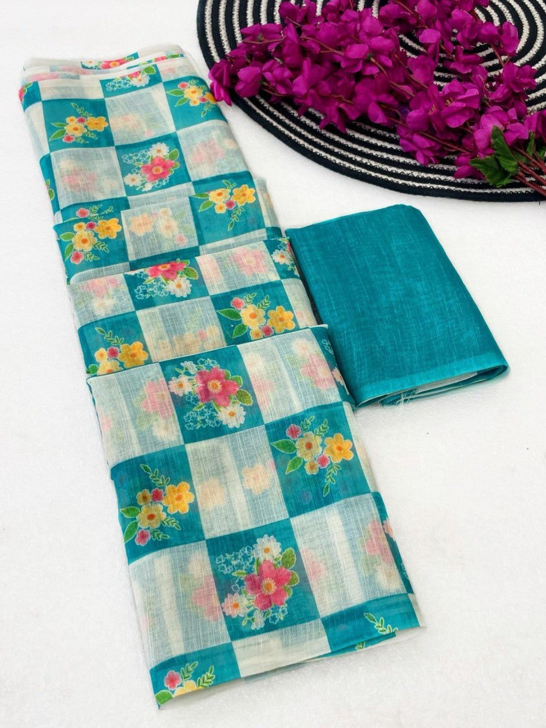 Turquoise Checked Linen Saree with Floral Prints - Image 2