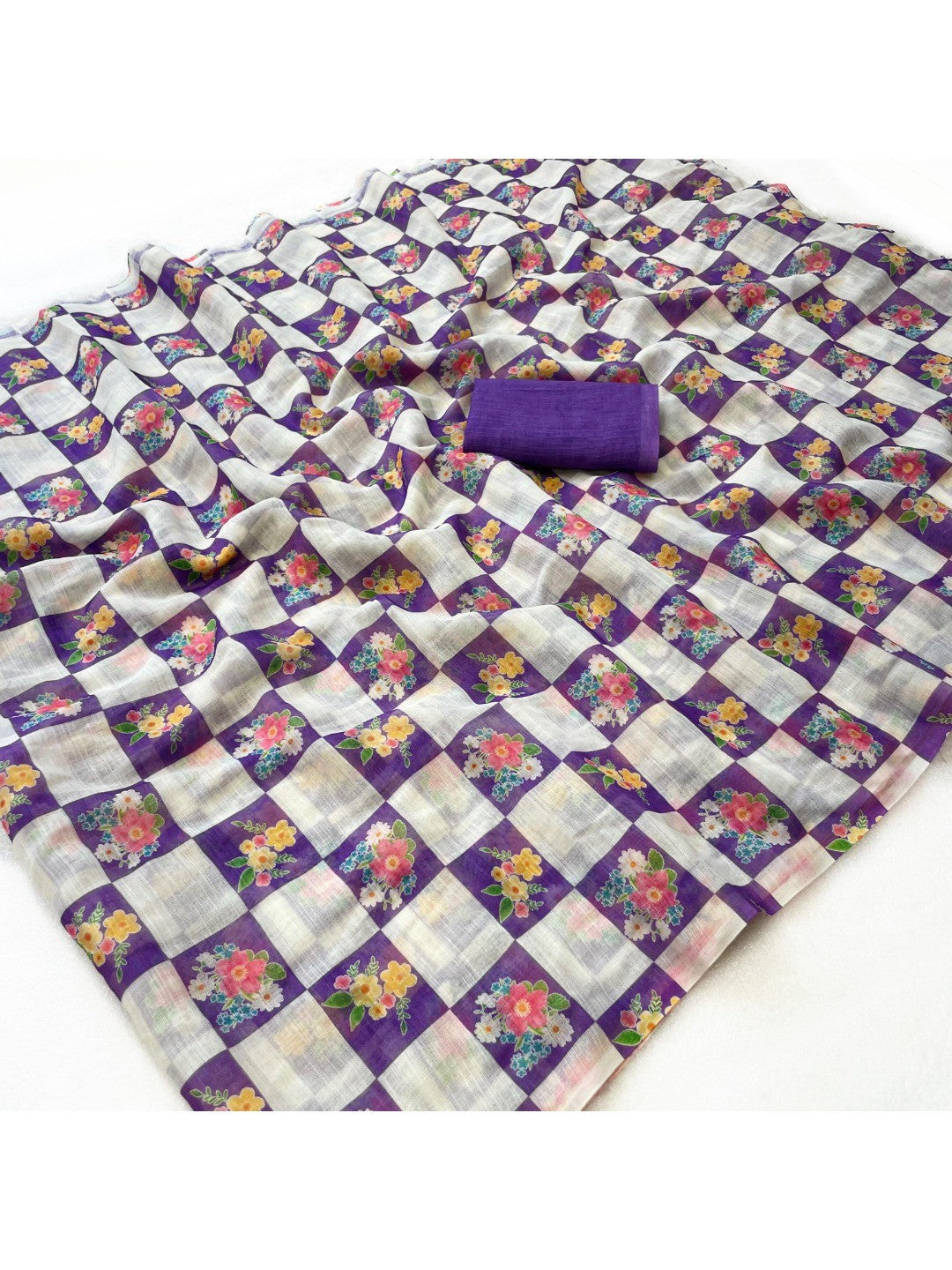 Elegant Purple Checked Linen Saree with Floral Print - Image 2