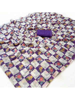 Elegant Purple Checked Linen Saree with Floral Print - Image 2