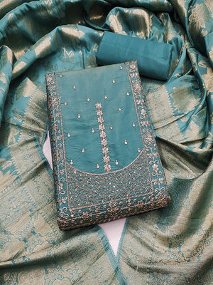 Elegant Blue Shimmer Dress Material with Embroidered Details - Image 2