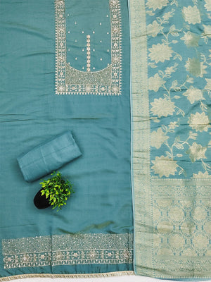 Elegant Blue Shimmer Dress Material with Embroidered Details - Image 2