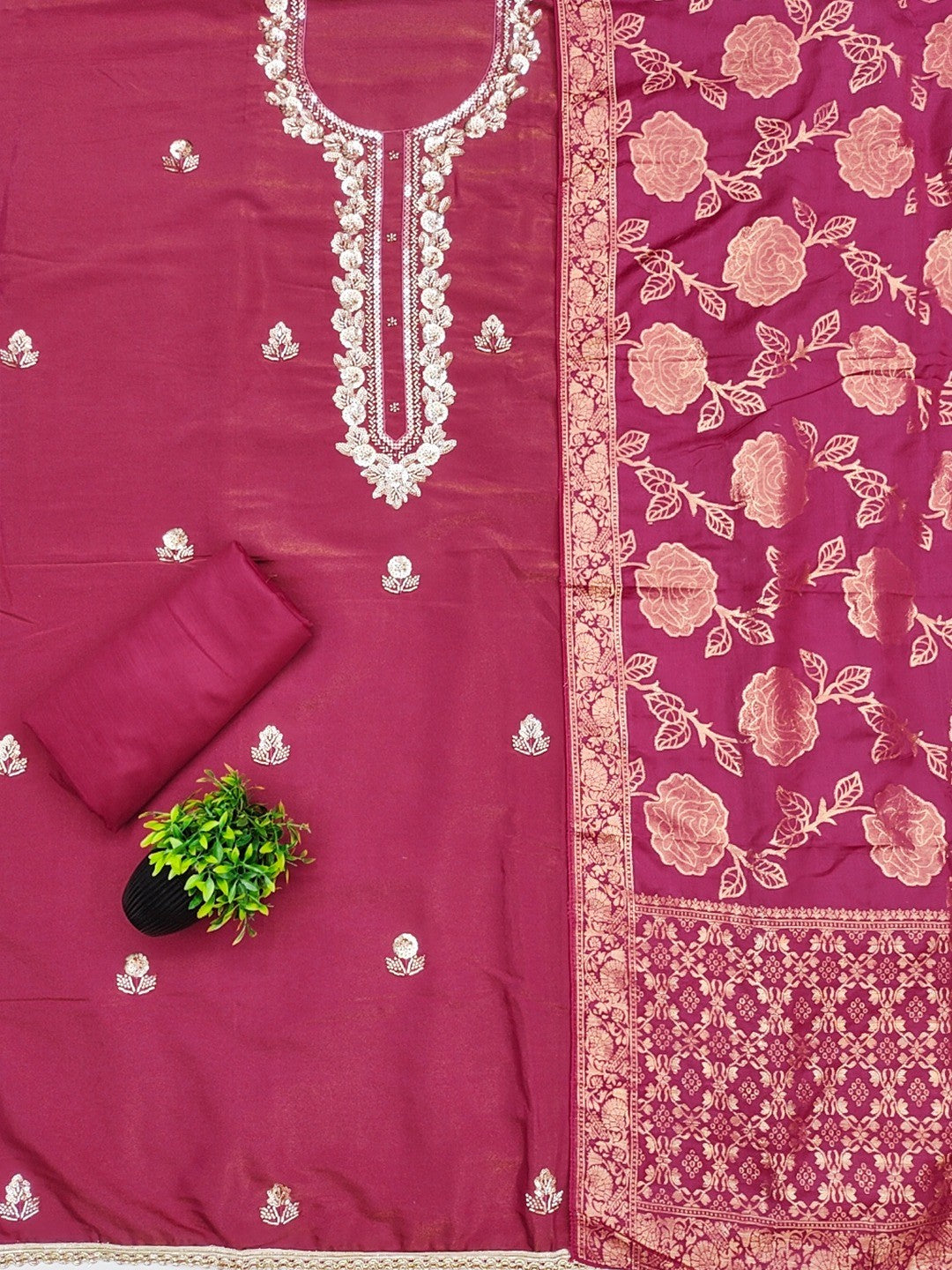 Elegant Pink Shimmer Unstitched Dress Material with Floral Dupatta - Image 3