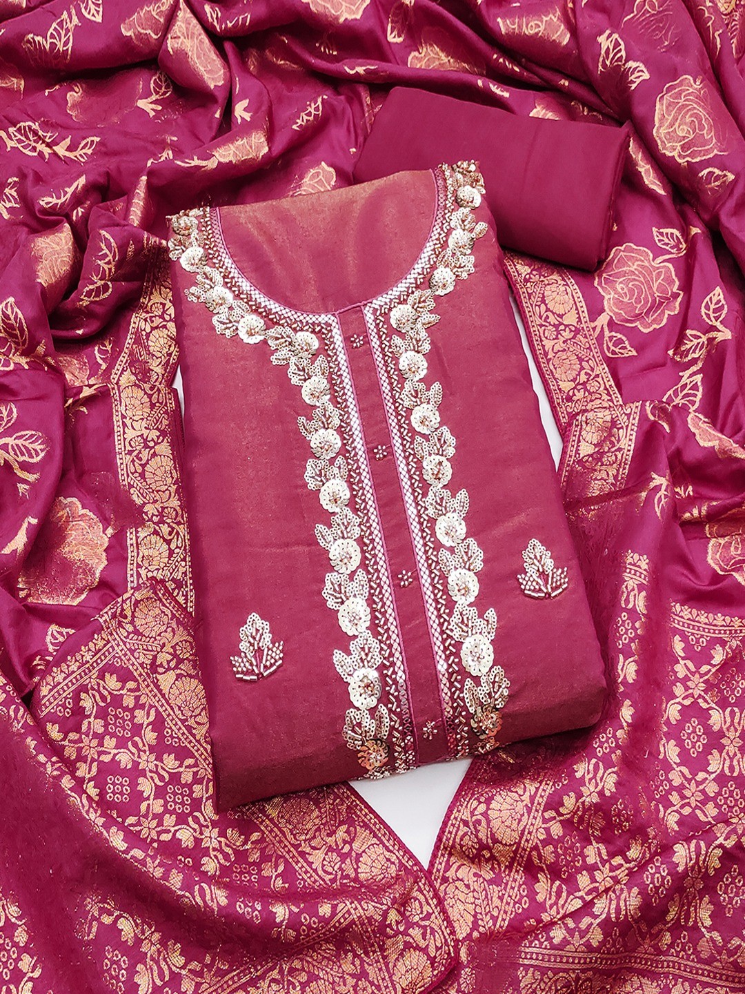Elegant Pink Shimmer Unstitched Dress Material with Floral Dupatta - Image 2