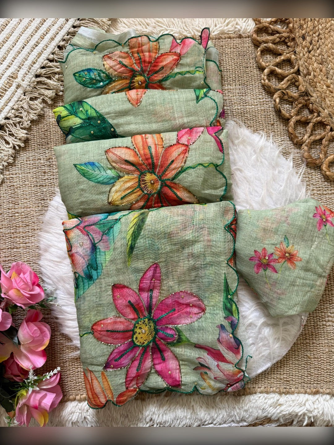 Stunning Green Floral Digital Printed Linen Silk Saree With Intricate Moti Khatli Embroidered Work - Image 4
