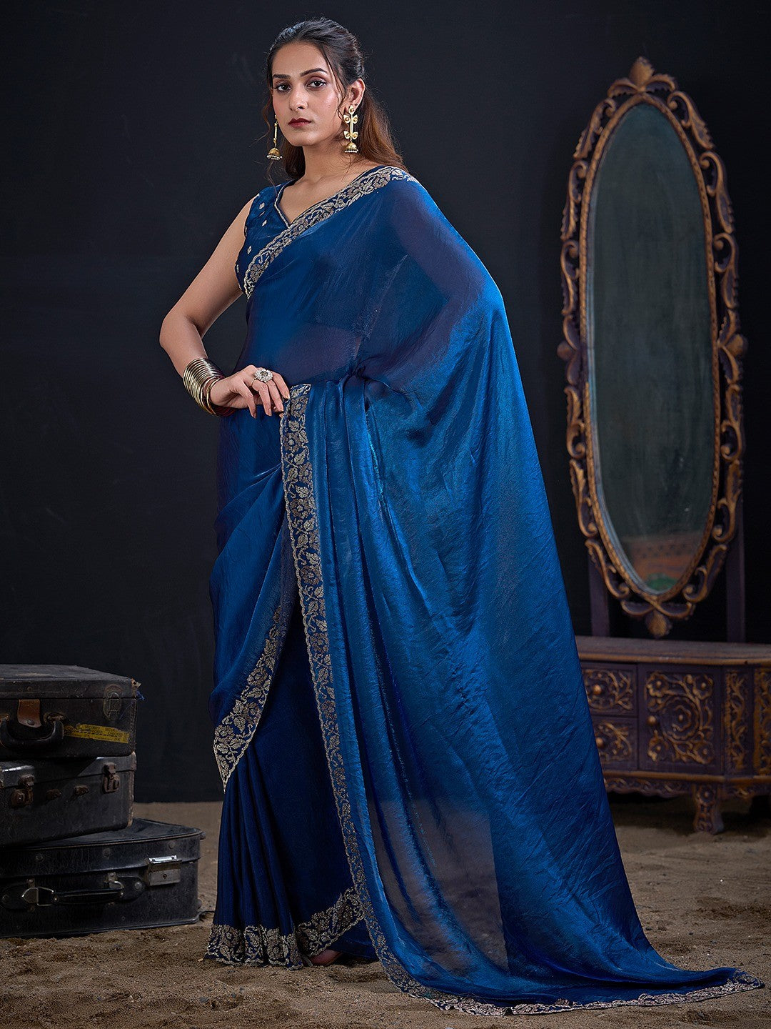 Luxurious Royal Blue Solid Satin Silk Saree Adorned With Floral Stone Work Border - Image 5