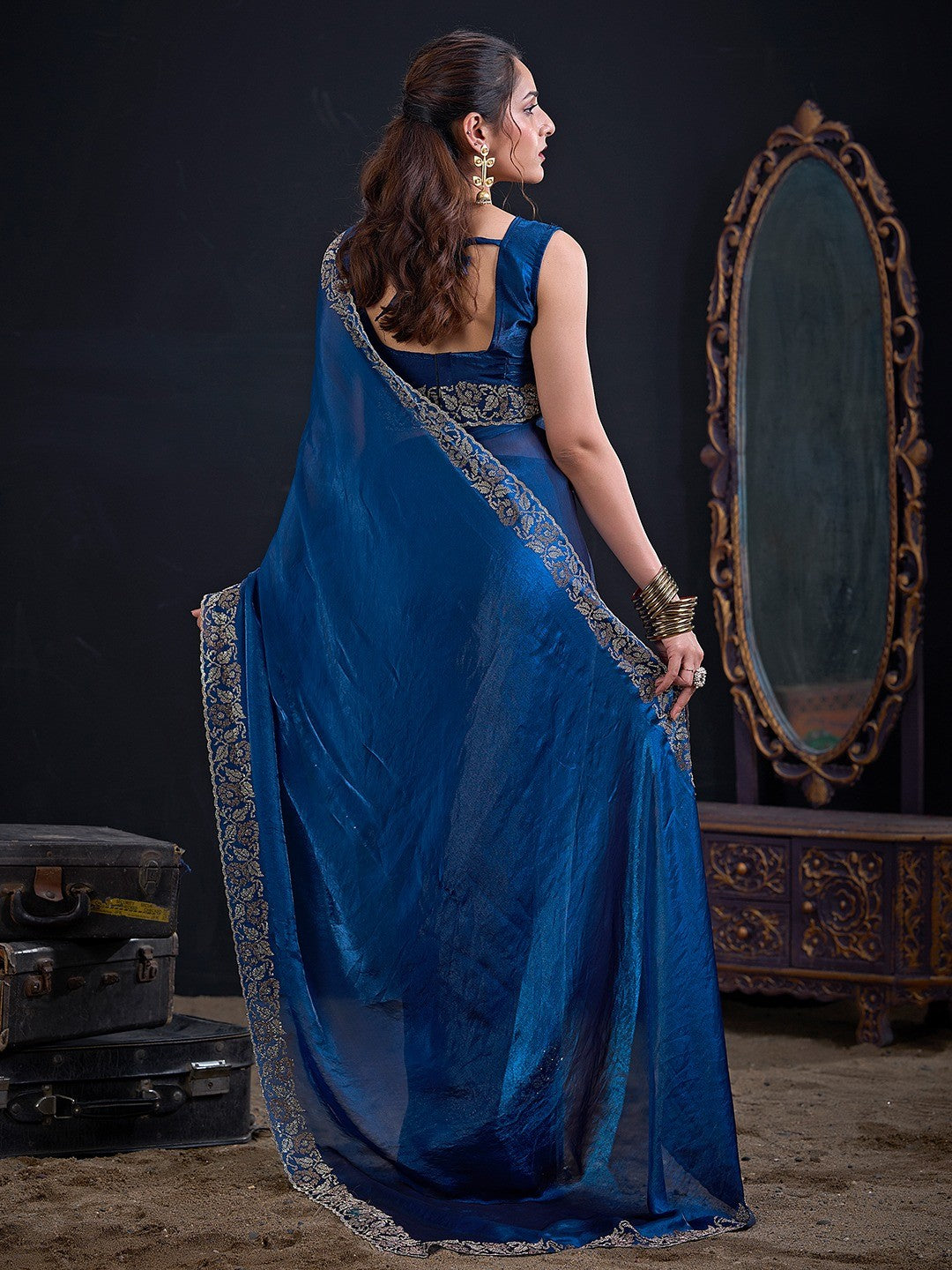 Luxurious Royal Blue Solid Satin Silk Saree Adorned With Floral Stone Work Border - Image 4