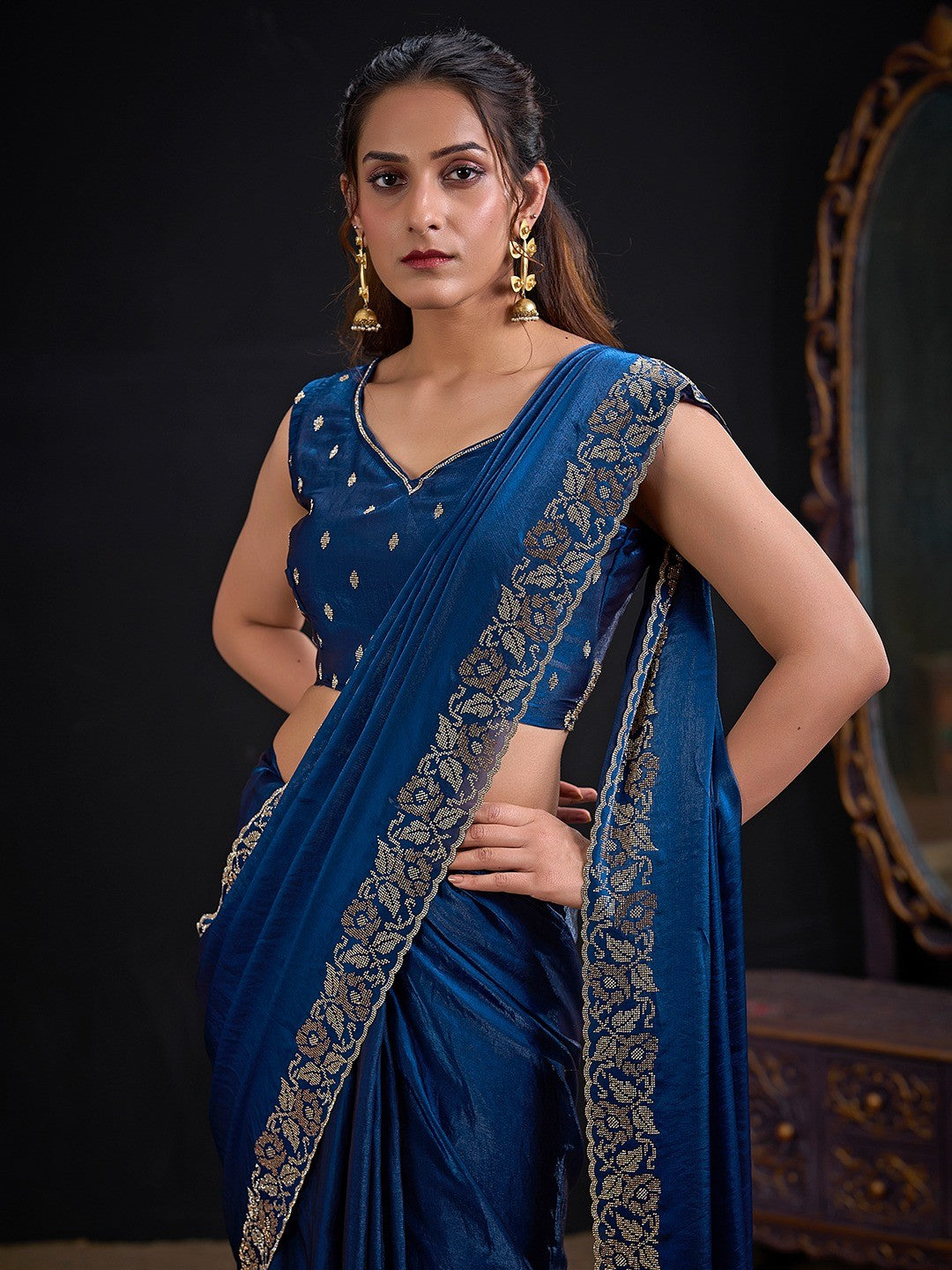 Luxurious Royal Blue Solid Satin Silk Saree Adorned With Floral Stone Work Border - Image 3