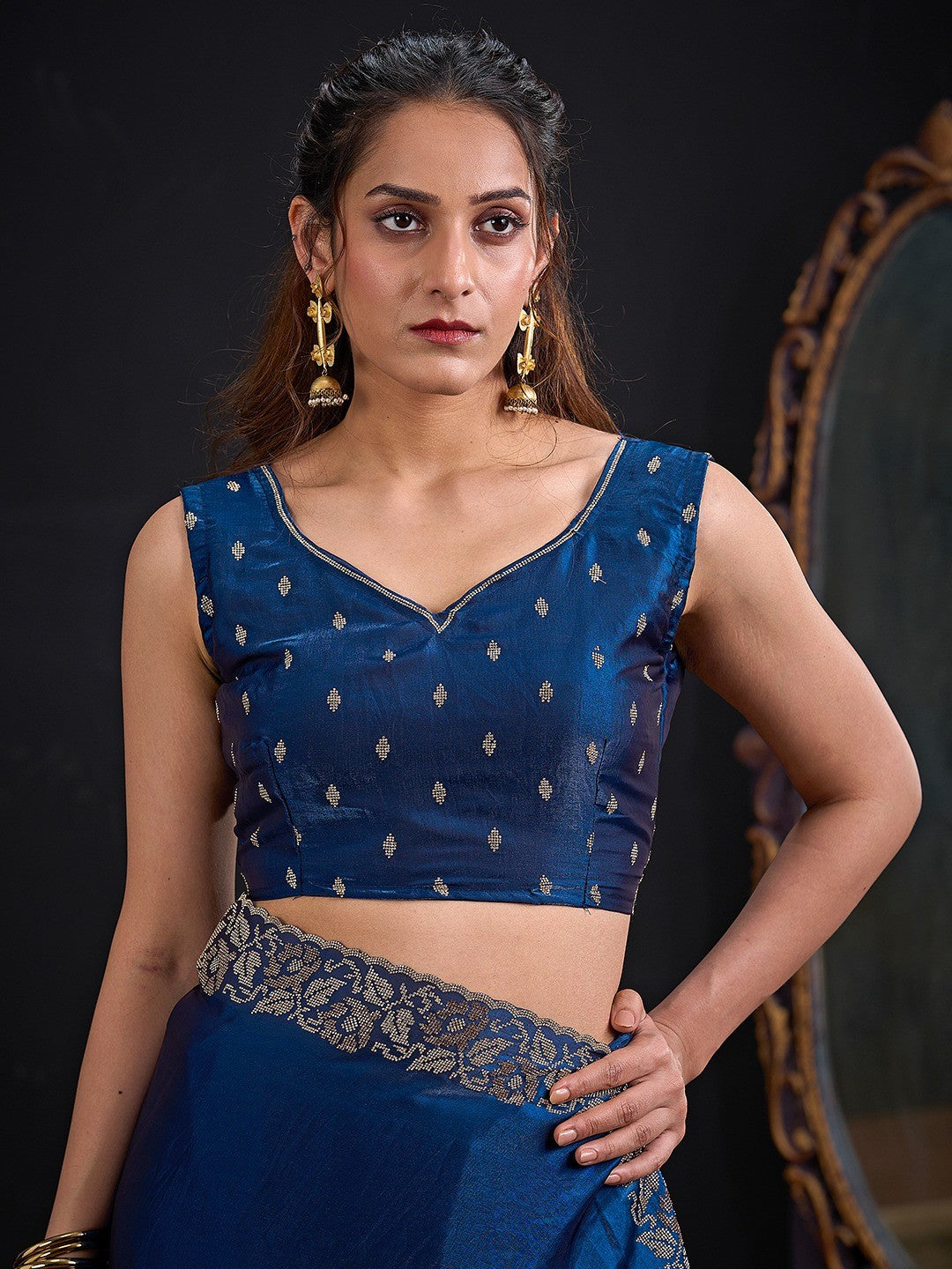 Luxurious Royal Blue Solid Satin Silk Saree Adorned With Floral Stone Work Border - Image 2