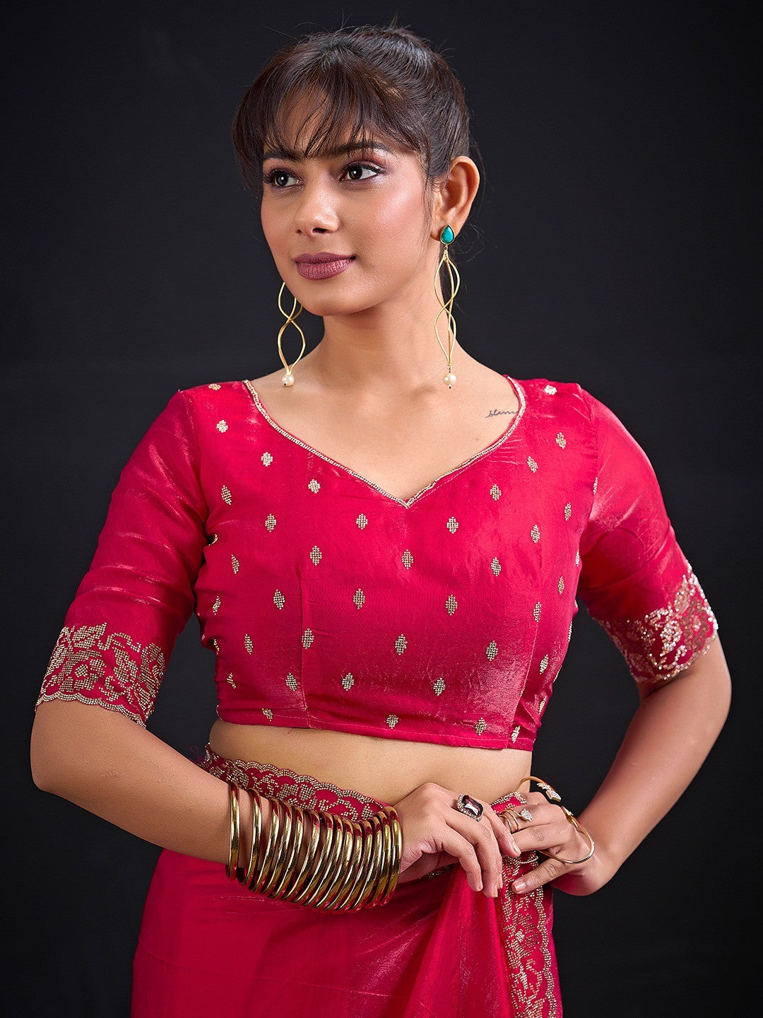 Luxurious Pink Solid Satin Silk Saree Adorned With Floral Stone Work Border - Image 2