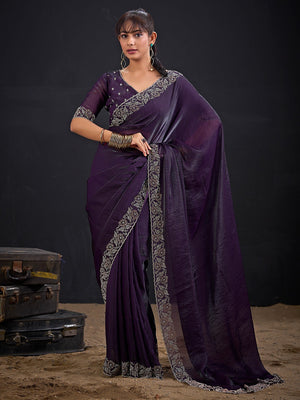 Luxurious Purple Solid Satin Silk Saree Adorned With Floral Stone Work Border - Image 1