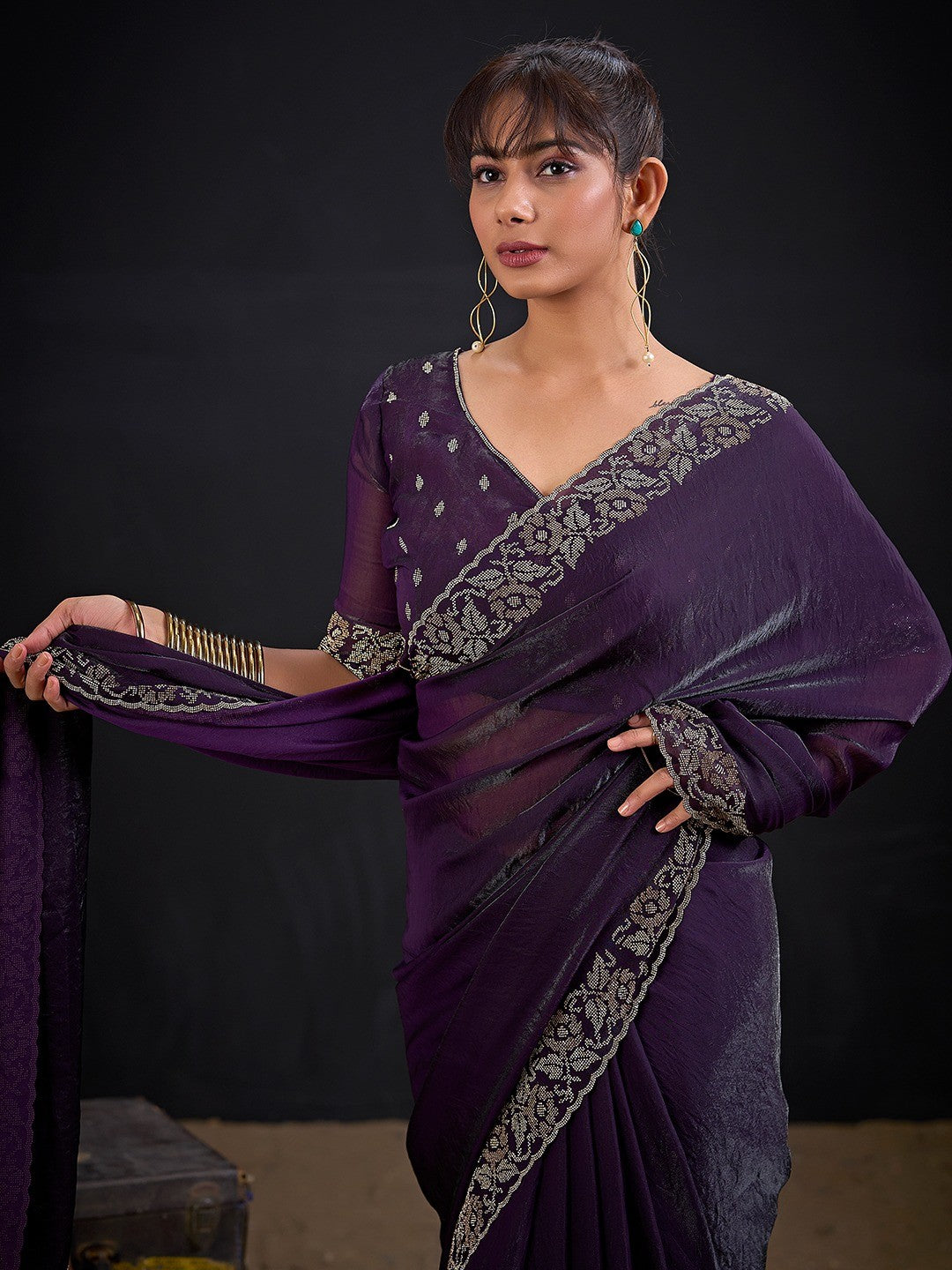 Luxurious Purple Solid Satin Silk Saree Adorned With Floral Stone Work Border - Image 4