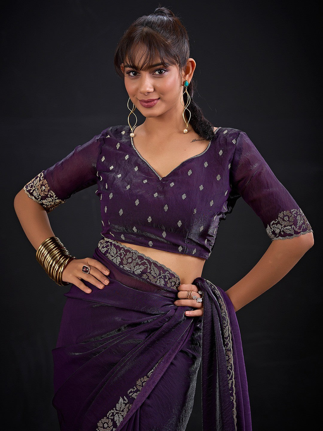 Luxurious Purple Solid Satin Silk Saree Adorned With Floral Stone Work Border - Image 2