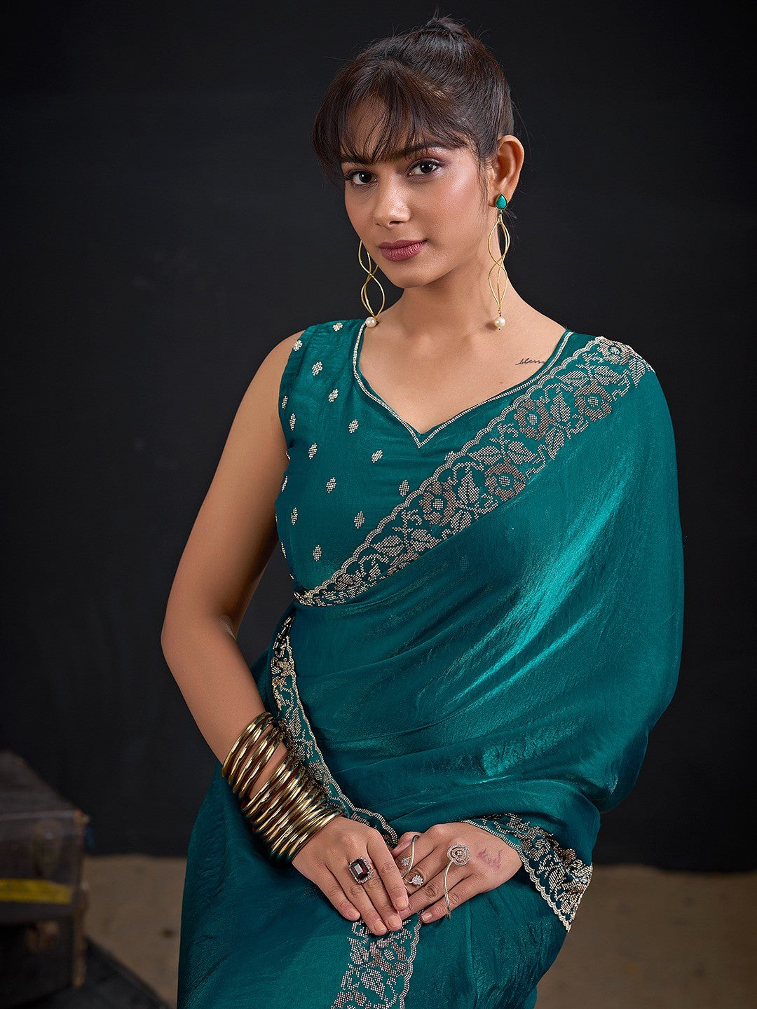 Luxurious Teal Solid Satin Silk Saree Adorned With Floral Stone Work Border - Image 3