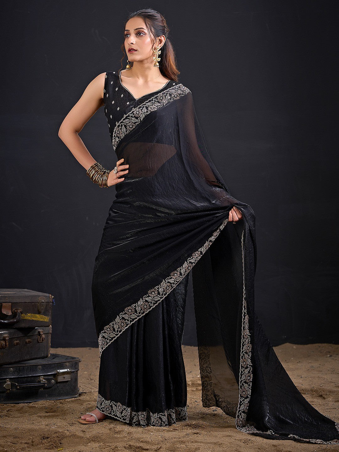 Luxurious Black Solid Satin Silk Saree Adorned With Floral Stone Work Border - Image 1