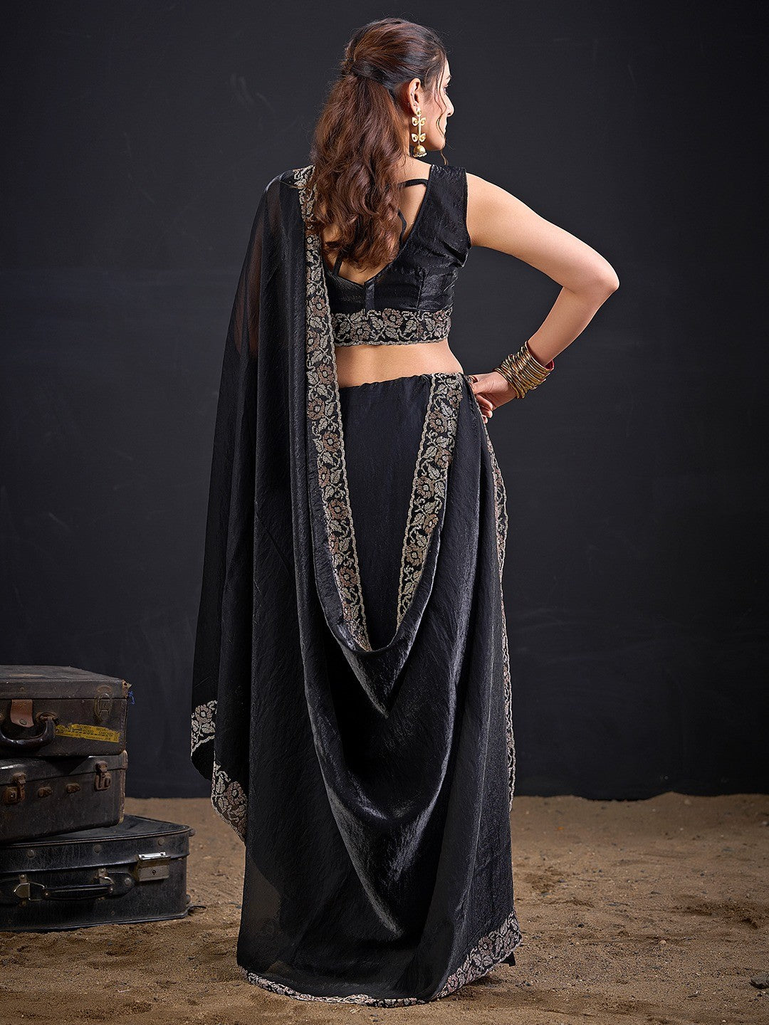 Luxurious Black Solid Satin Silk Saree Adorned With Floral Stone Work Border - Image 4