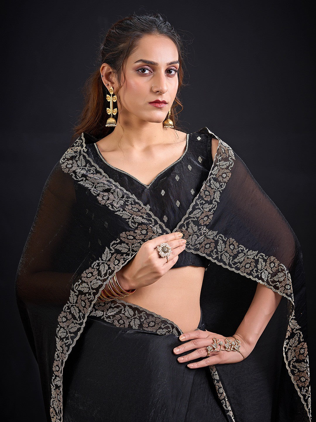 Luxurious Black Solid Satin Silk Saree Adorned With Floral Stone Work Border - Image 3