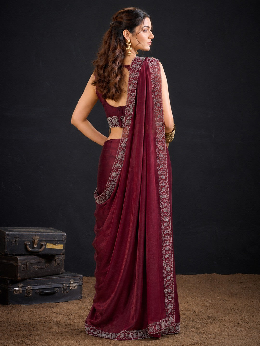Luxurious Maroon Solid Satin Silk Saree Adorned With Floral Stone Work Border - Image 4