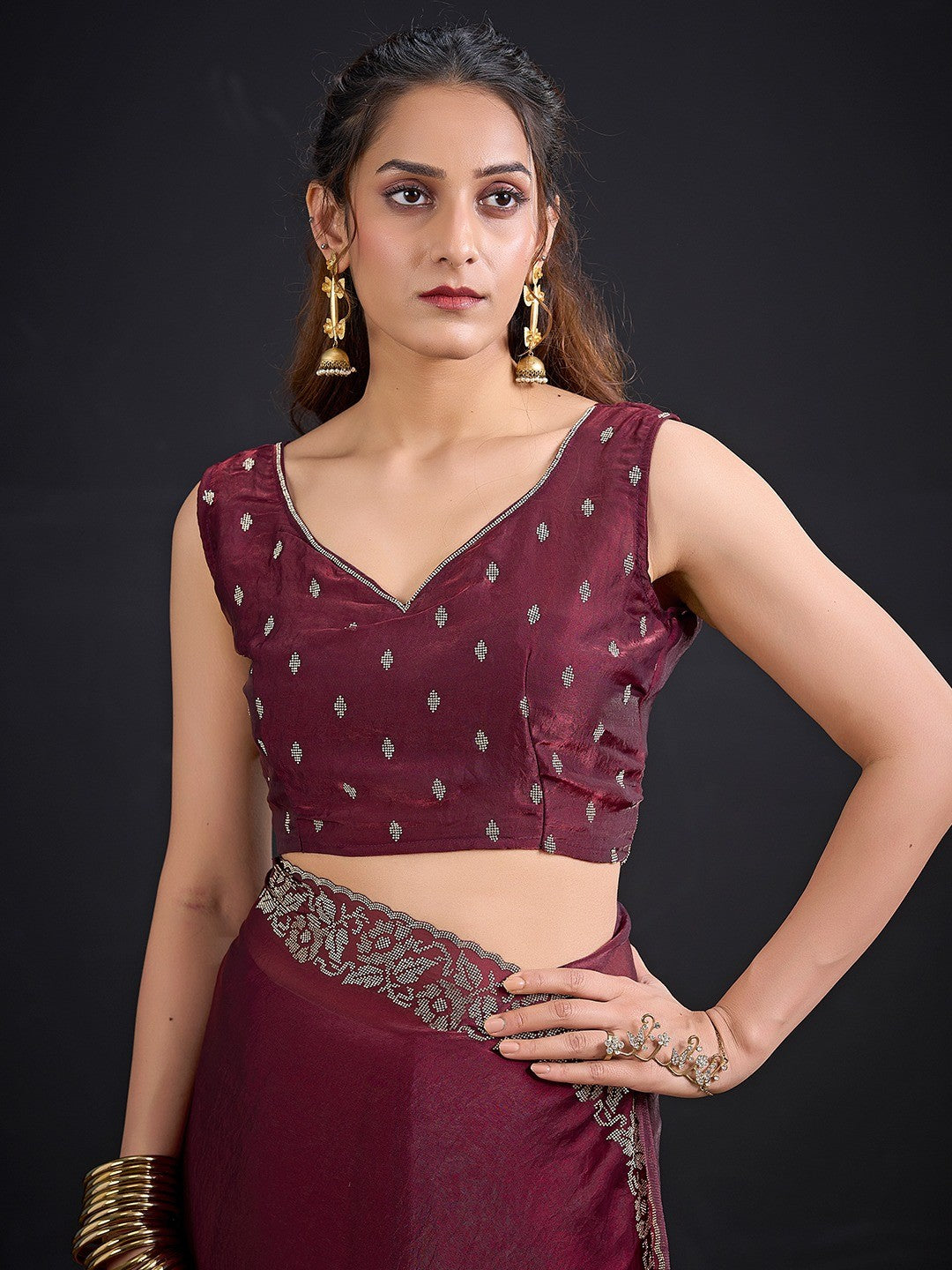 Luxurious Maroon Solid Satin Silk Saree Adorned With Floral Stone Work Border - Image 2