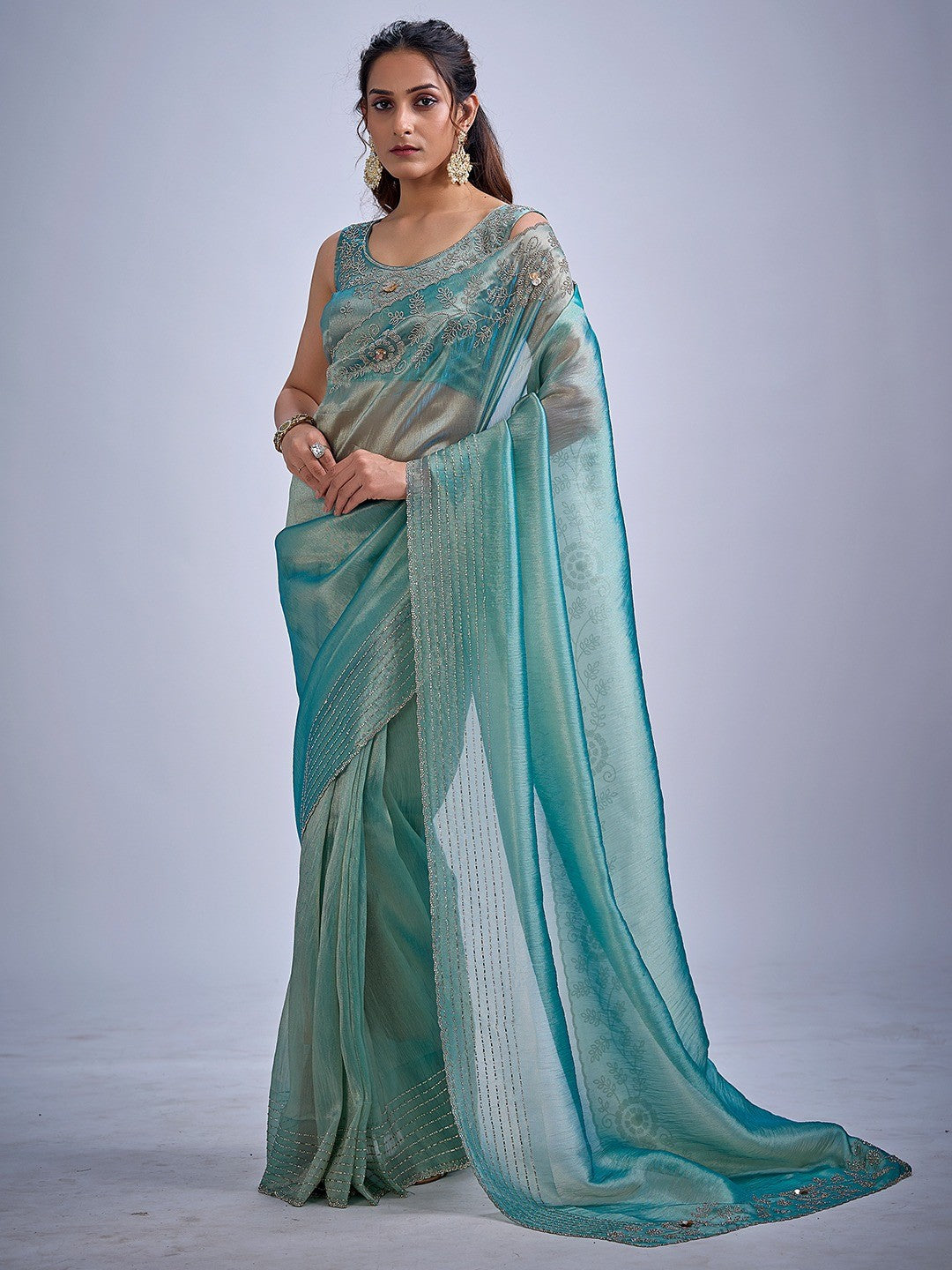 Elegant Turquoise Kanjivaram Silk Saree Adorned With Stone Work & Cut Dana Detailing - Image 1