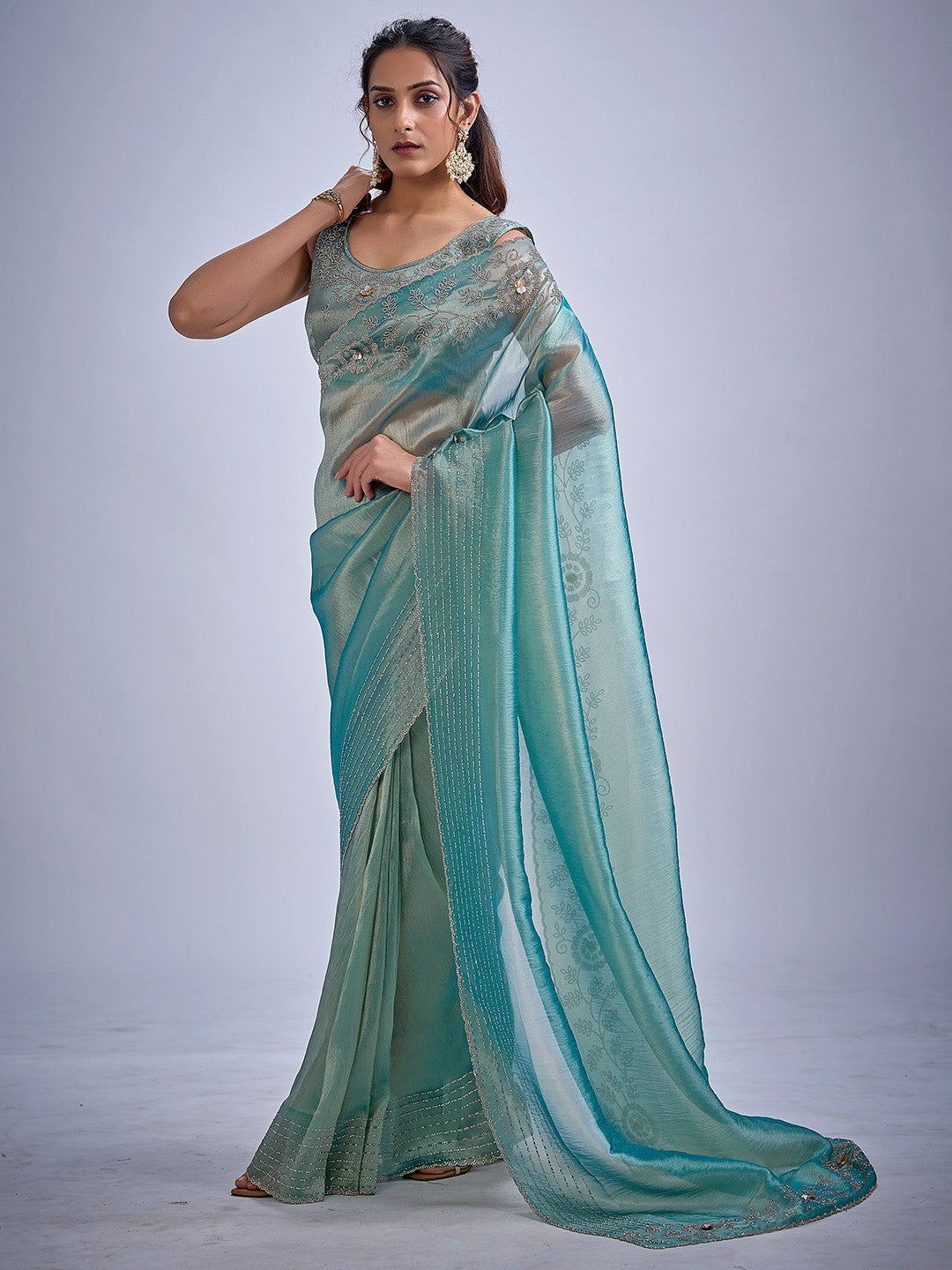 Elegant Turquoise Kanjivaram Silk Saree Adorned With Stone Work & Cut Dana Detailing - Image 5
