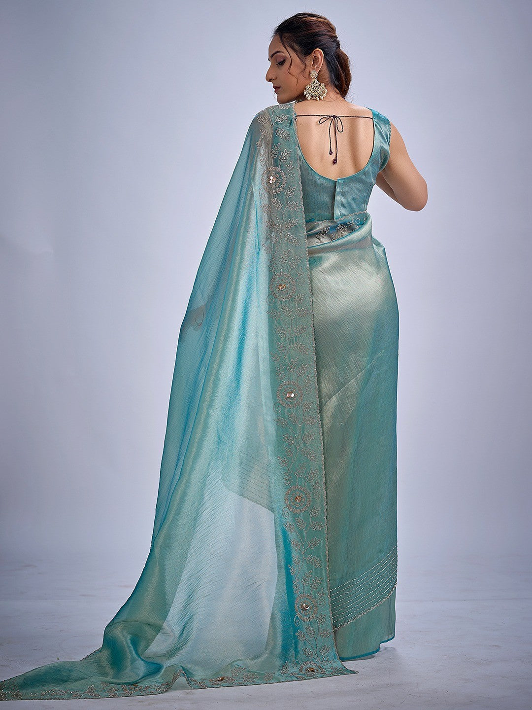 Elegant Turquoise Kanjivaram Silk Saree Adorned With Stone Work & Cut Dana Detailing - Image 4
