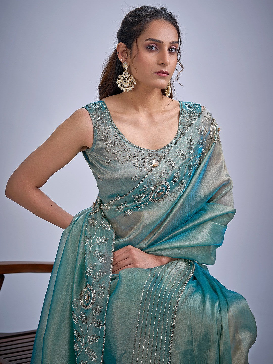 Elegant Turquoise Kanjivaram Silk Saree Adorned With Stone Work & Cut Dana Detailing - Image 3