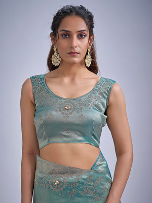 Elegant Turquoise Kanjivaram Silk Saree Adorned With Stone Work & Cut Dana Detailing - Image 2