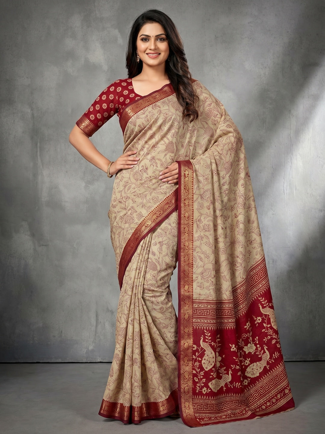 Elegant Beige & Red Viscose Saree with Floral Print and Jacquard Border - Image 1