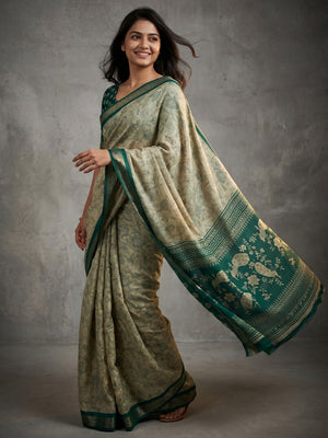 Elegant Beige & Rama Green Viscose Saree with Floral Print & Jacquard Border - Image 1