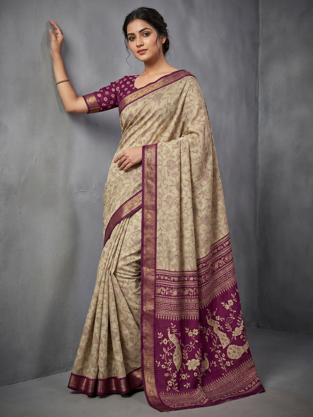 Beige & Wine Floral Printed Viscose Saree with Jacquard Border - Image 1