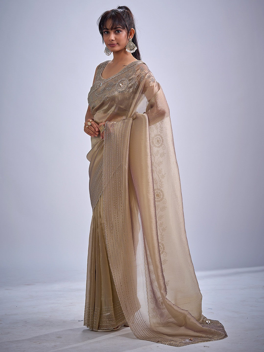 Elegant Beige Kanjivaram Silk Saree Adorned With Stone Work & Cut Dana Detailing - Image 6