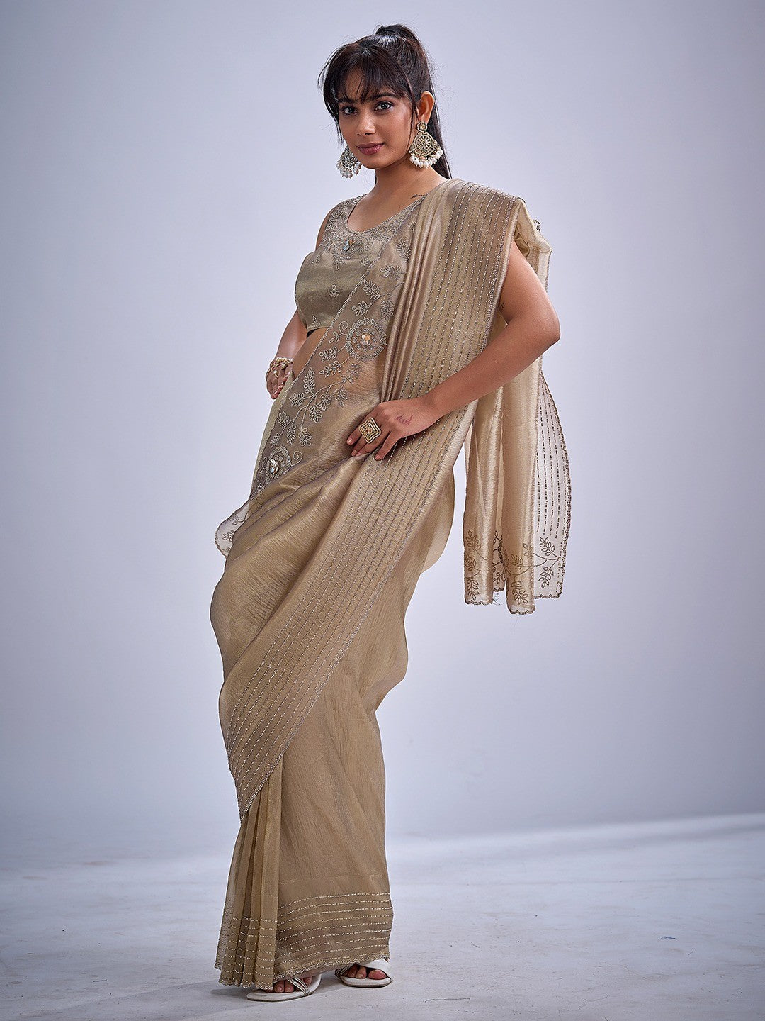 Elegant Beige Kanjivaram Silk Saree Adorned With Stone Work & Cut Dana Detailing - Image 5