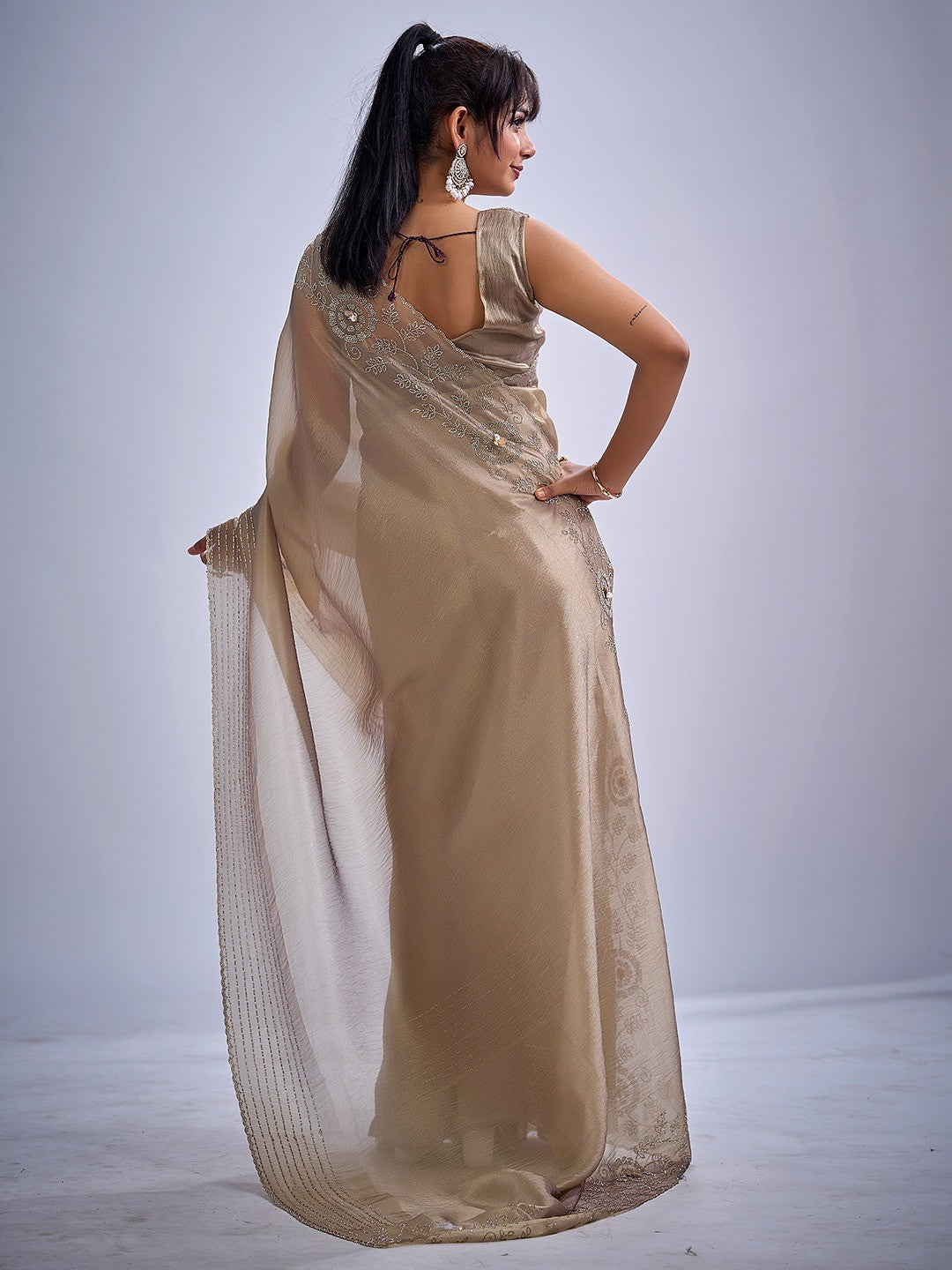 Elegant Beige Kanjivaram Silk Saree Adorned With Stone Work & Cut Dana Detailing - Image 4