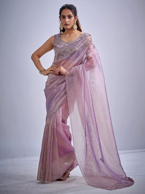 Elegant Lavender Kanjivaram Silk Saree Adorned With Stone Work & Cut Dana Detailing - Image 1